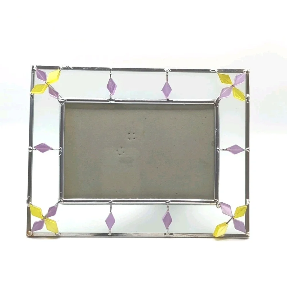 Vintage Stained Glass Photo Frame Purple Yellow Beaded Tabletop 4x6 Rectangle